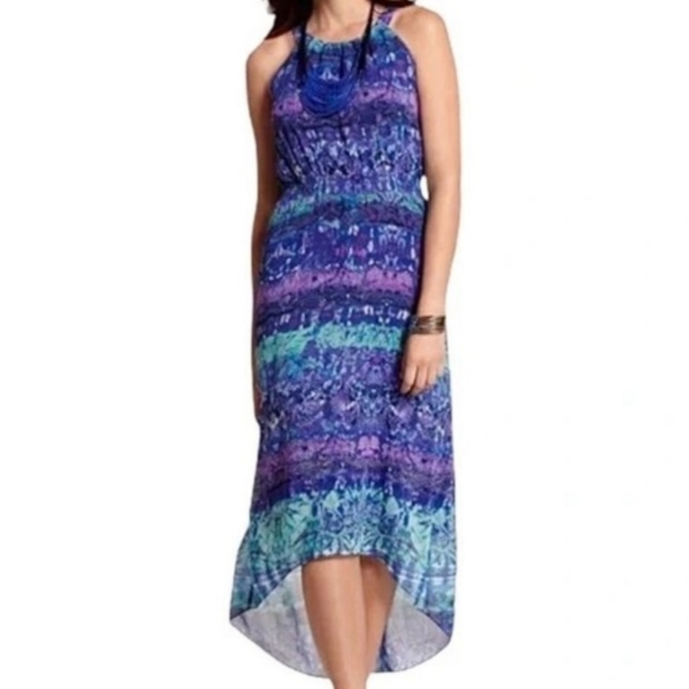 Chicos Purple‎ Blue Paisley Halter High Low Maxi Dress Size 1.5 Large